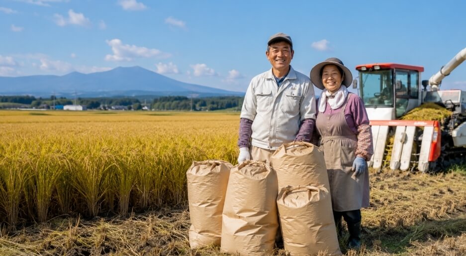 青森県産まっしぐらの安定供給をイメージできる収穫期の田んぼと日本人農家夫婦