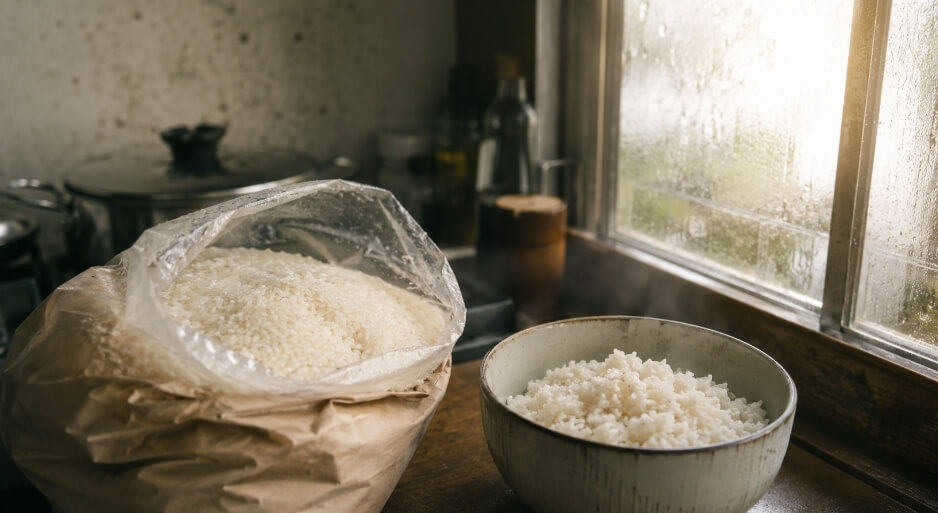 保存状態が悪いお米と炊いたご飯が並ぶ湿気の多いキッチンの様子