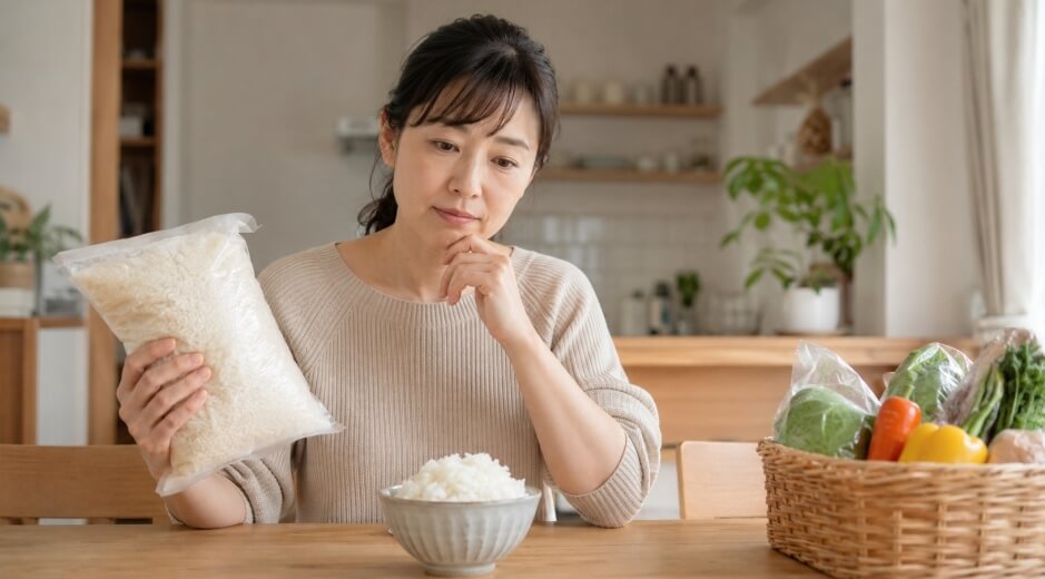 青森県産まっしぐらの価格やコスパを考えながら白米を前に検討する日本人女性