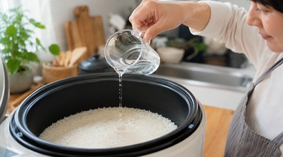 青森県産まっしぐらを硬く感じる場合に水加減を調整して美味しく炊く様子