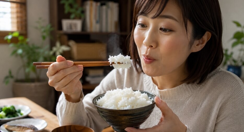 青森県産まっしぐらを実際に食べて味や食感を確かめる日本人女性