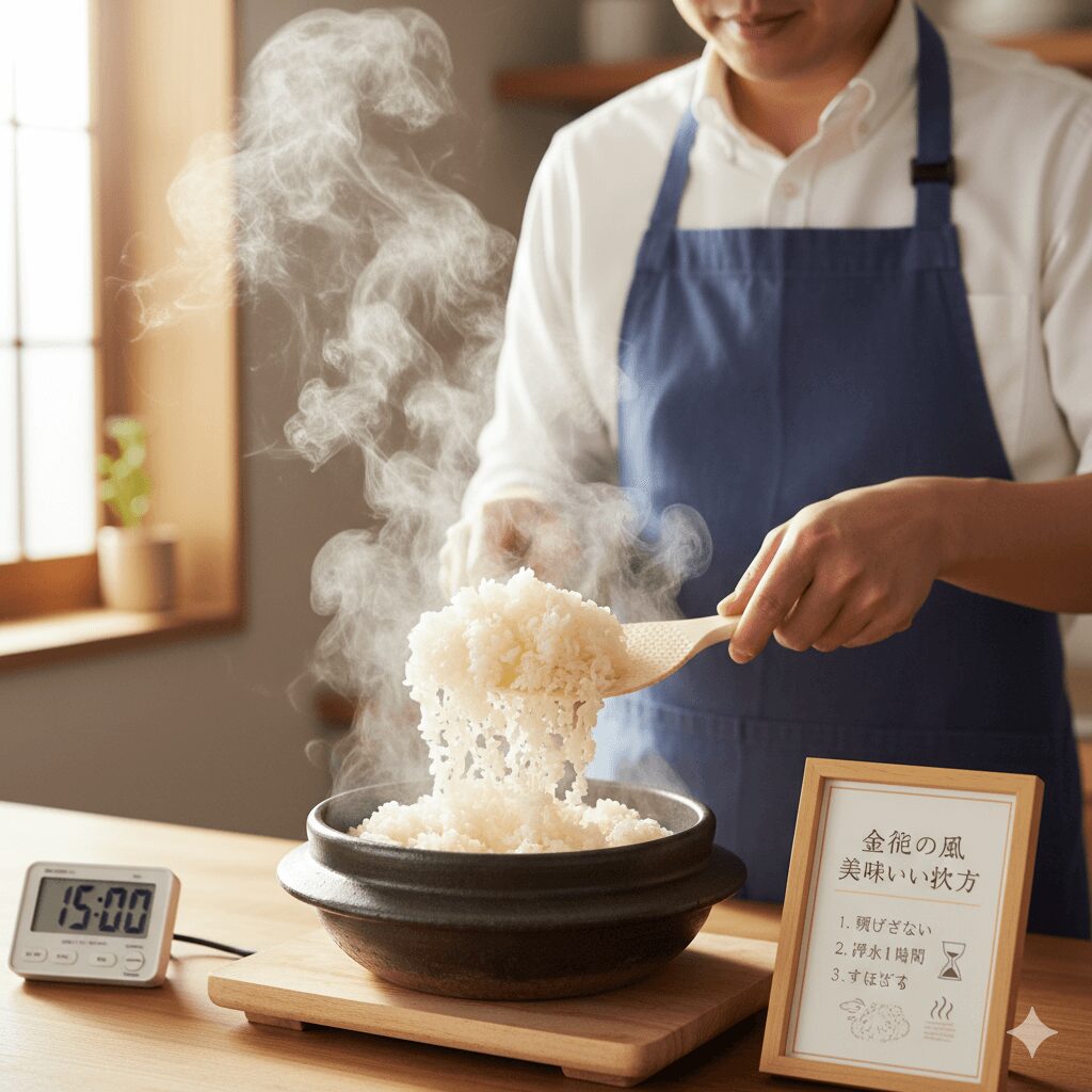 藍色のエプロンをつけた男性が、土鍋で炊いた金色の風をしゃもじで丁寧にほぐしている。隣には炊き方ポイントが書かれたフレーム。