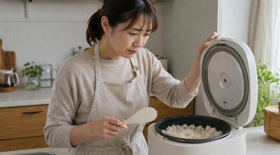 炊飯器のご飯を確認しながら彩のかがやきの食感に悩む日本人女性