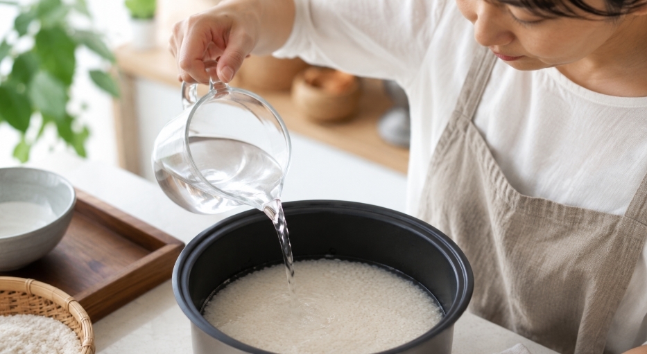 彩のかがやきをおいしく炊くために水加減を調整している様子