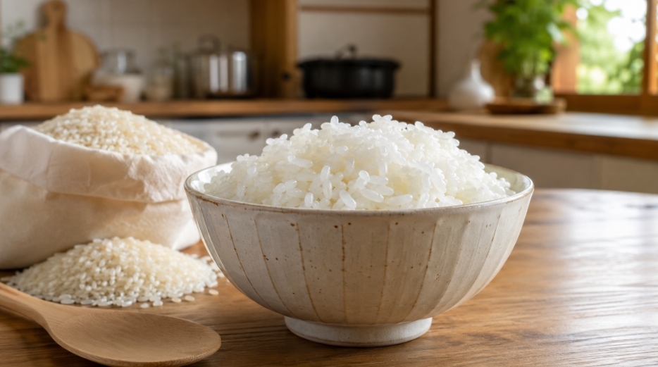 彩のきずなの特徴を紹介する炊きたてご飯と生米のイメージ