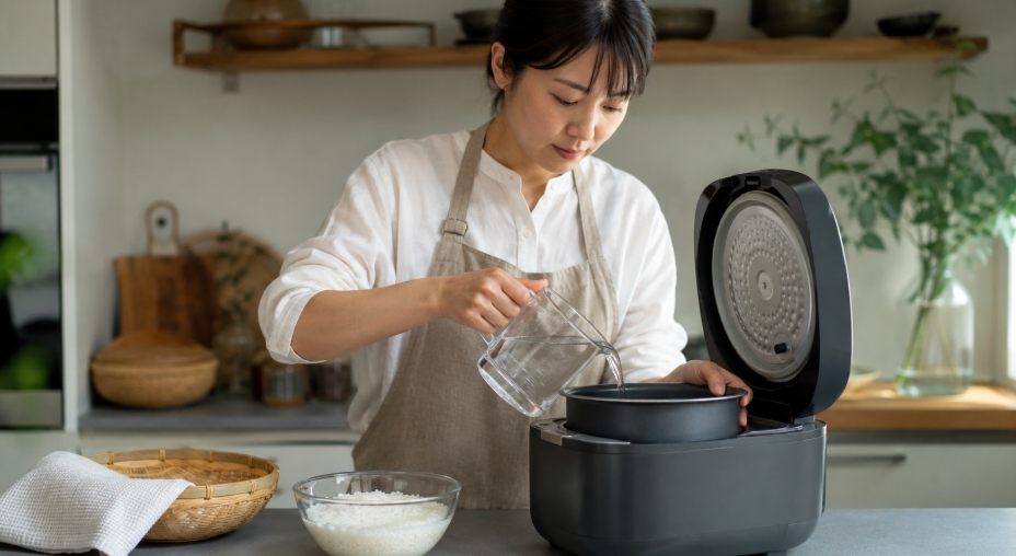 彩のきずなの水加減や炊き方を調整する日本人女性