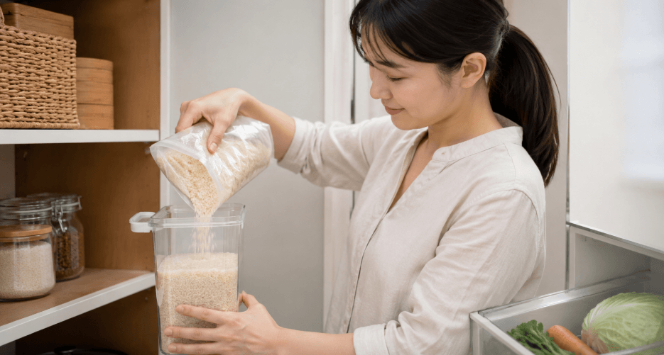 彩のきずなの鮮度を守るため米を密閉容器に保存する様子