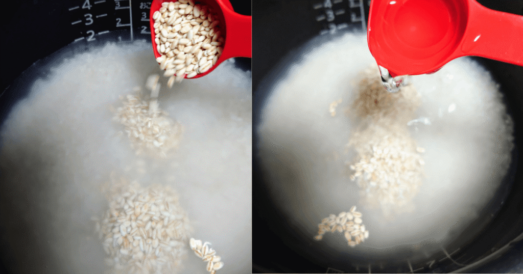 白米2合にもち麦大さじ4を追加
