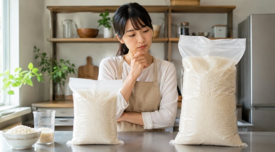 Amazonで買う米の5kgと10kgを比較し、家庭に合う容量を考えている日本人女性