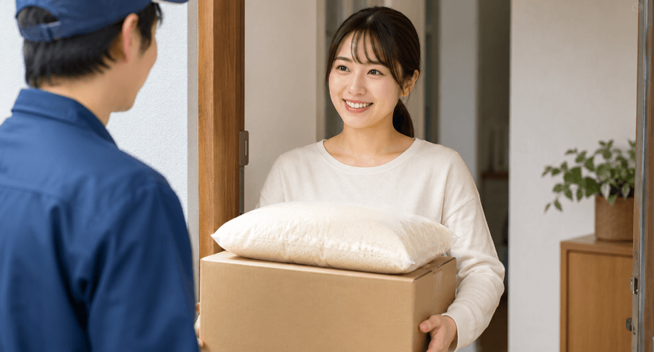 Amazonで注文した重い米を玄関先で受け取る日本人女性