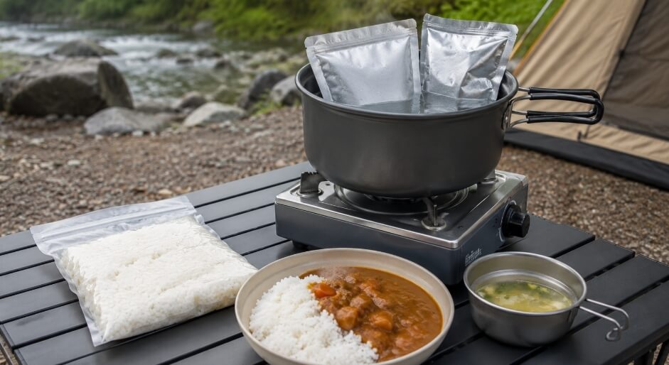 キャンプ場でパックご飯とレトルト食品を湯煎し、カレーとスープを用意している様子