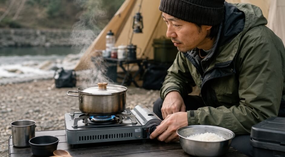 キャンプ場でカセットコンロを使い、鍋でご飯を炊いている男性の様子