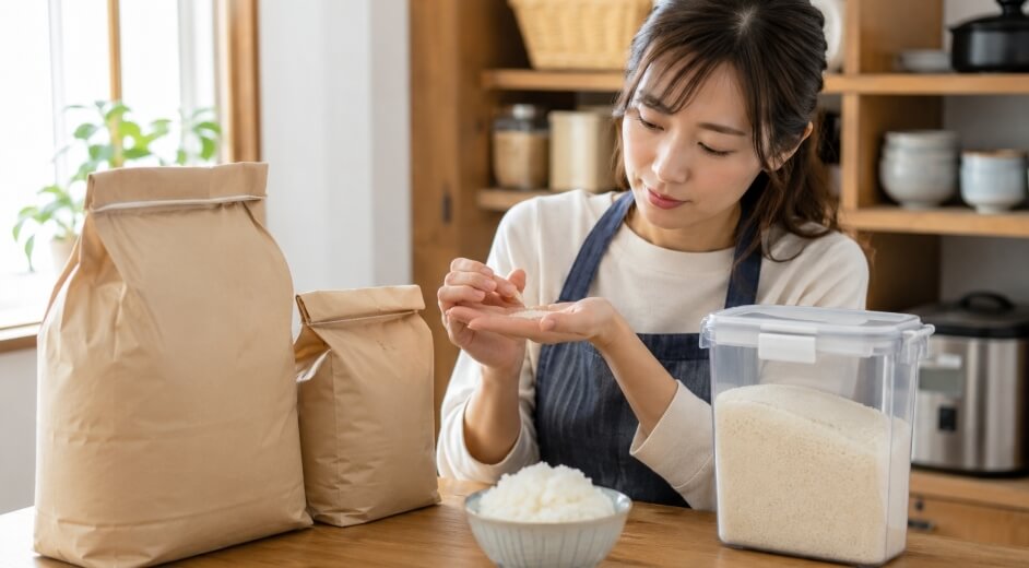 通販で購入したお米の粒や保存容器を確認し、失敗しない選び方を考える日本人女性