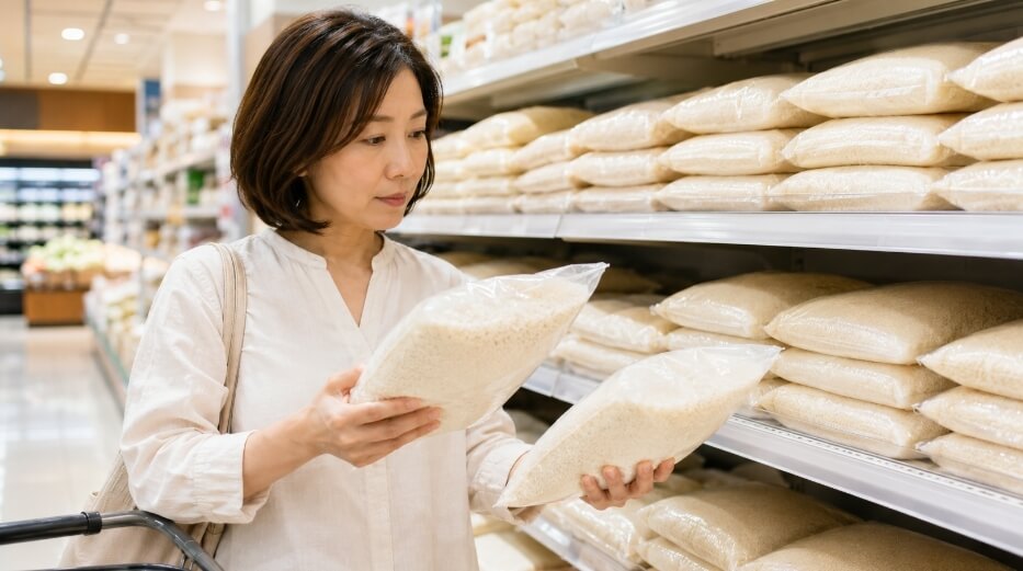 スーパーの米売り場で安いお米を比較して選ぶ日本人女性