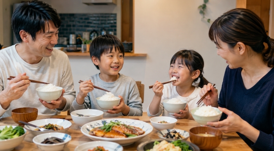 日本人家族が食卓で白ご飯を楽しむ様子
