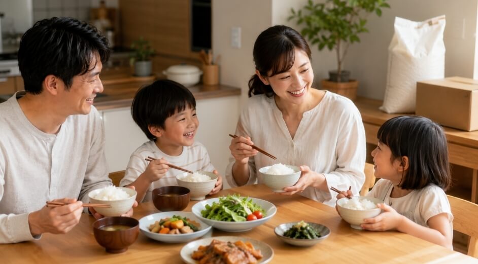 通販で購入したお米を使い、家族で温かい食卓を囲む日本人家族