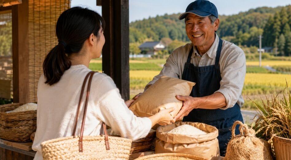 農家直売所で生産者から米を購入する日本人女性