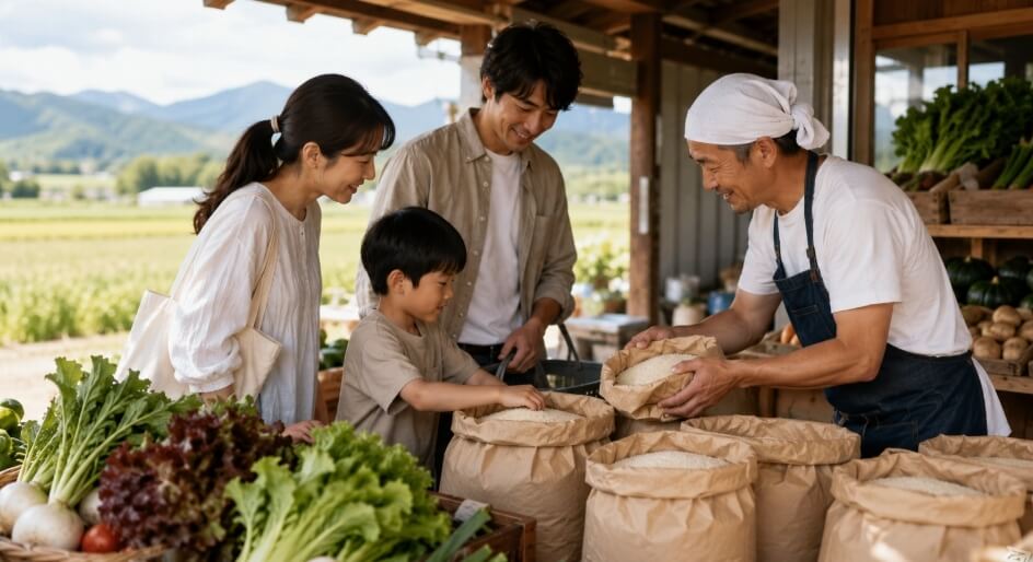 北海道の直売所で農家から米を選ぶ日本人家族と野菜が並ぶ市場風景