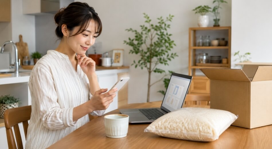 自宅でスマホとパソコンを使い北海道米の通販価格を比較する日本人女性