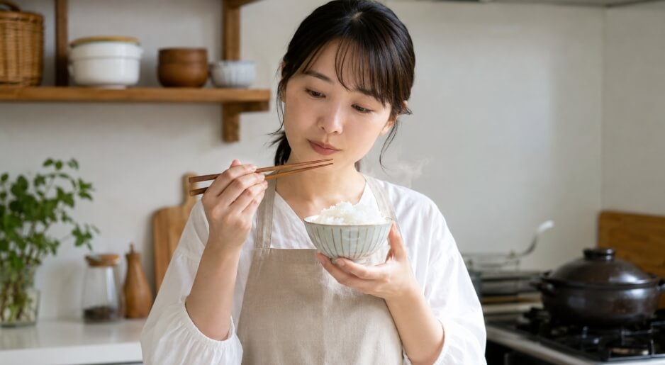 炊きたてご飯の味や食感を確かめる日本人女性
