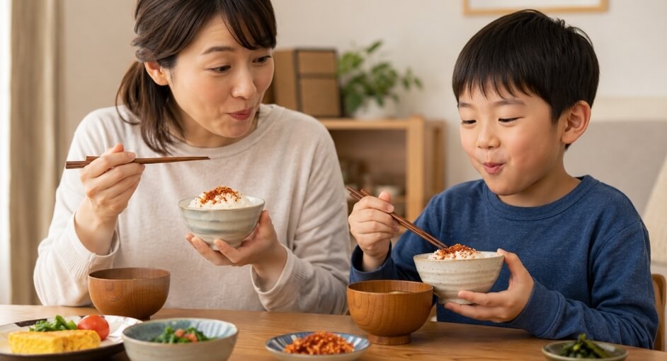 カラムーチョ風ふりかけをご飯にかけて親子で食べる様子