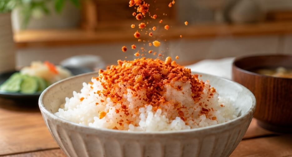 カラムーチョ風の赤いふりかけを炊きたてご飯にかける様子
