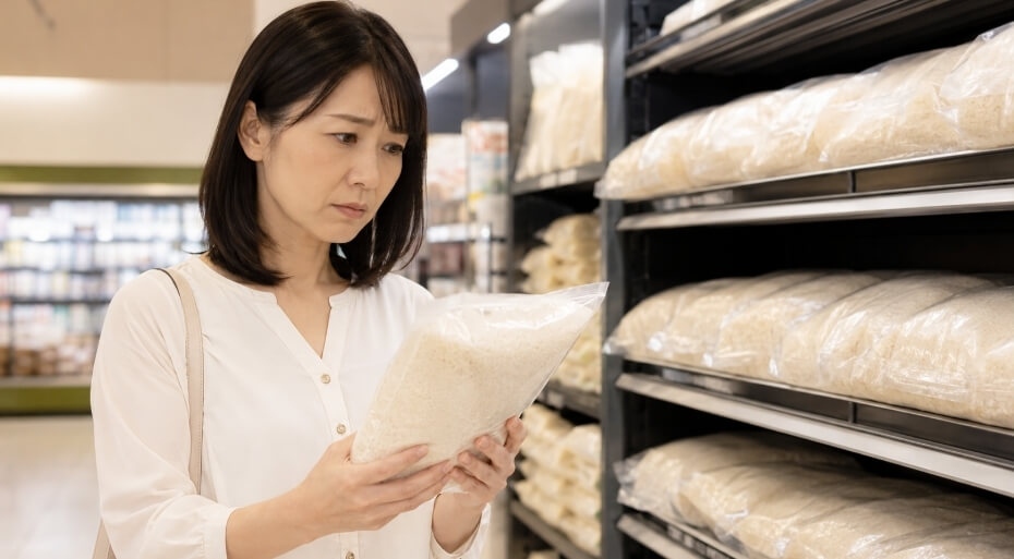 スーパーの米売り場で、きぬむすめを買うか迷う日本人女性