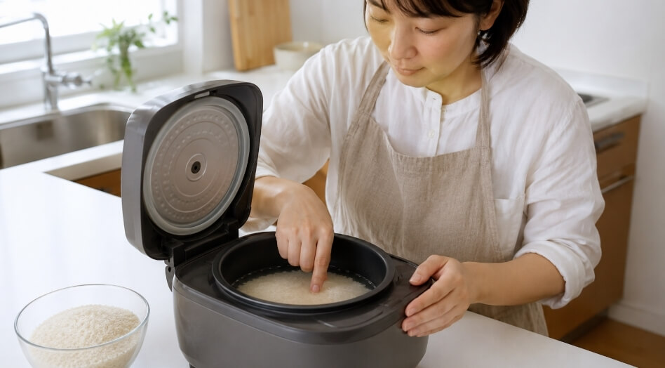 炊飯器で米の水加減を確認する日本人女性