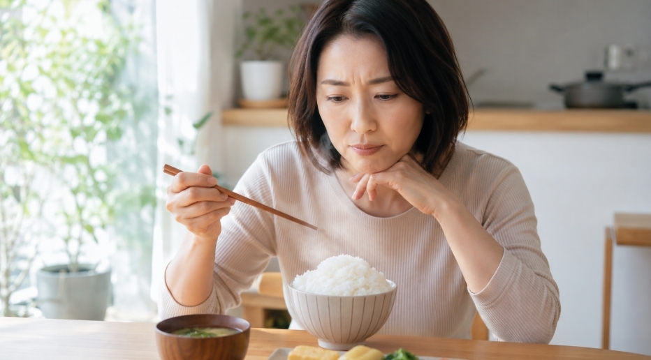 みずほの輝きの味や口コミが気になり、ご飯を前に考える日本人女性