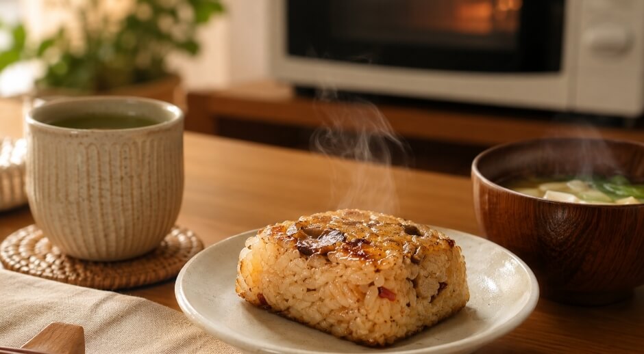 温めたもち玄米満腹バー焼きおにぎり風味とお茶と味噌汁