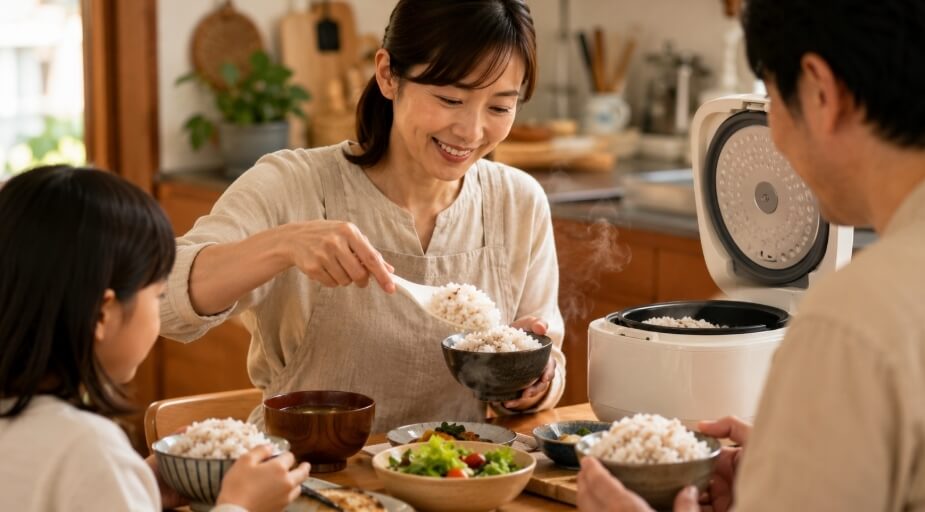 米不足のかさ増し対策としてもち麦ごはんを食べる日本人家族