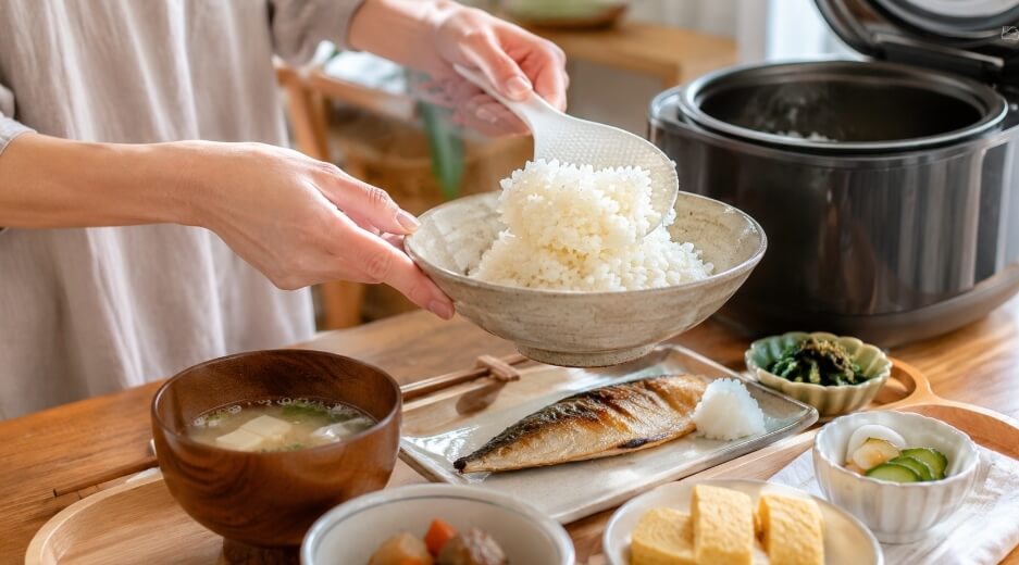 パールライスのお米を炊飯器で炊き、焼き魚や味噌汁と一緒に普段の食卓で味わう様子