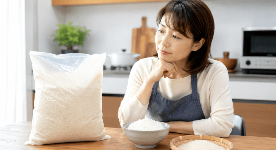 パールライスのお米の評判や味を確認するために、米袋と炊きたてご飯を見比べる日本人女性