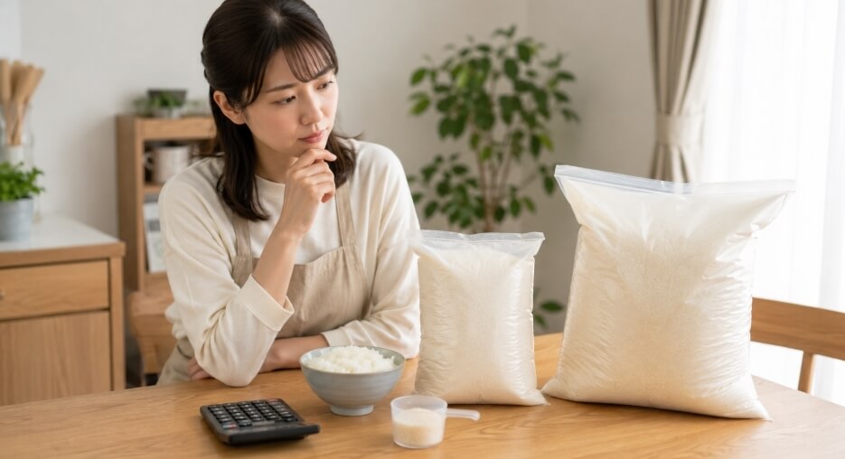 家庭の食卓で5kgと10kgの米袋を比べながら、1kgあたりの価格を考える日本人女性