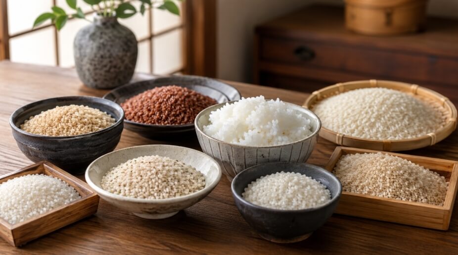 複数のお米と炊きたてご飯を並べて比較する様子