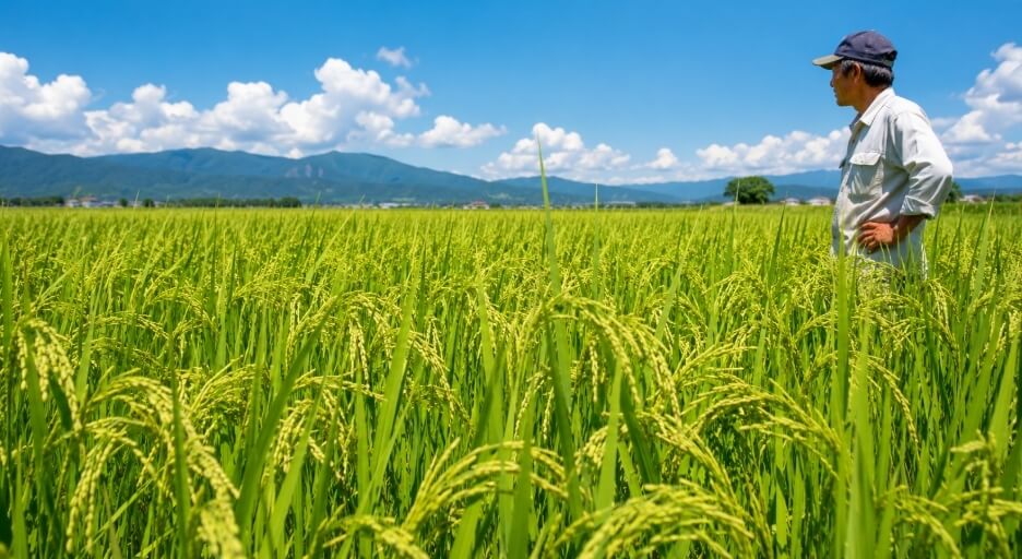夏の暑さに強い埼玉県産米を育てる青空の田んぼ