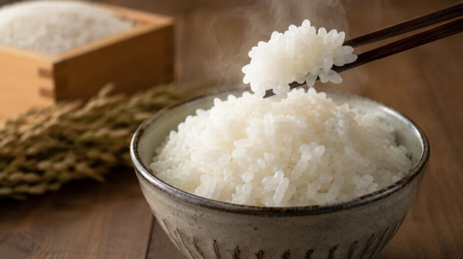 湯気の立つ炊きたてご飯を箸で持ち上げた様子