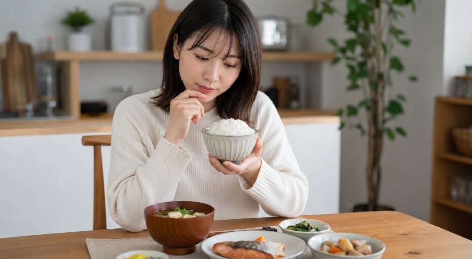 ゆきん子舞の味や口コミが気になり、ご飯を前に考える日本人女性