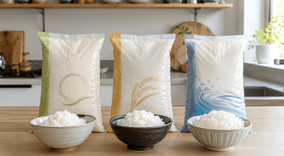キッチンで3種類の米袋と炊きたてご飯を並べ、価格や種類の違いを比較する様子