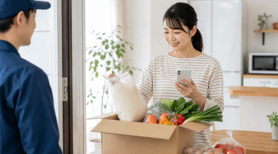 自宅でネットスーパーの配達を受け取り、米袋と野菜を確認する日本人女性の様子