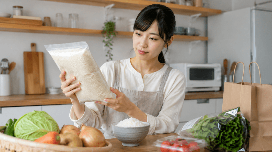 自宅のキッチンで女性が米袋の状態を確認し、安さと品質を見比べている様子