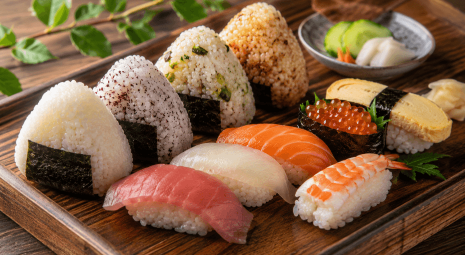 粒立ちの良い朝日米を使った寿司とおにぎりの盛り合わせ