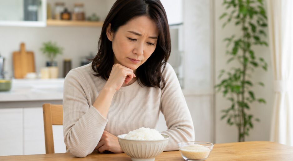 朝日米の味や硬さを心配しながら炊いた白ごはんを見る日本人女性
