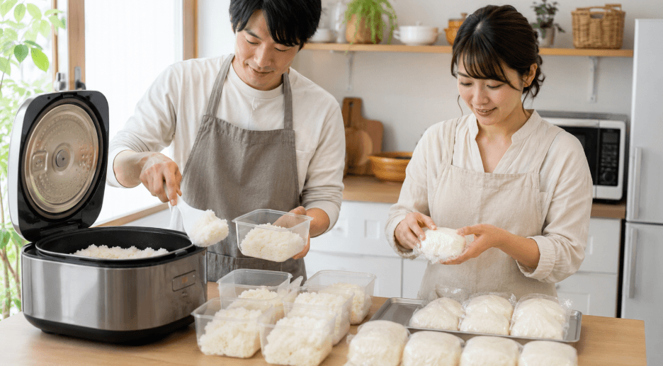 2人暮らしの夫婦が大容量炊飯器でまとめ炊きしたご飯を冷凍保存用に小分けする様子