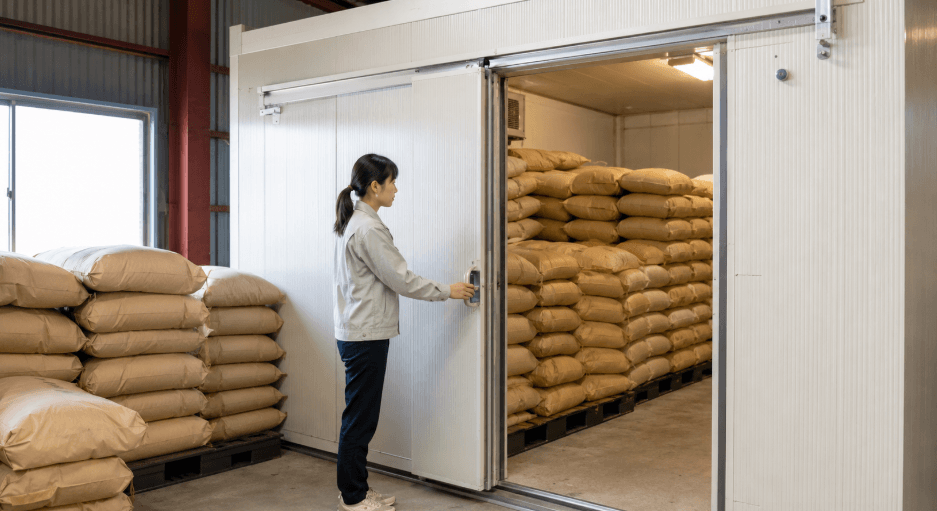 倉庫の業務用米保冷庫に大量の玄米袋を保管する日本人作業員