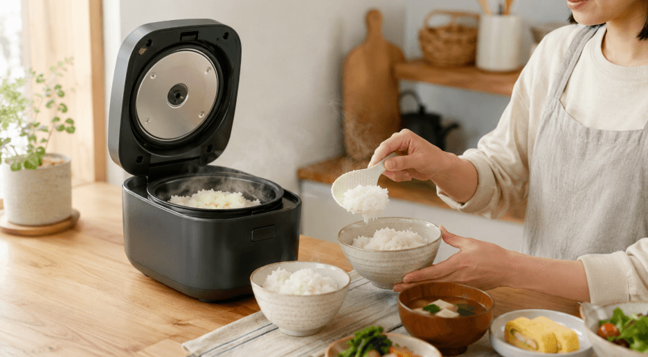 コンパクトな3合炊き炊飯器から2人分の白いご飯を茶わんによそう様子