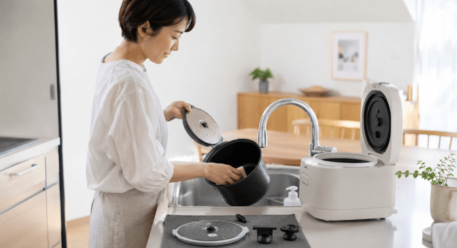 日本人女性が炊飯器の内釜と取り外した内ぶたをキッチンで洗っている様子