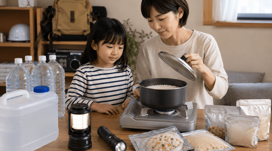 水や非常食を用意し、カセットコンロで米を炊く防災時の家庭の備え