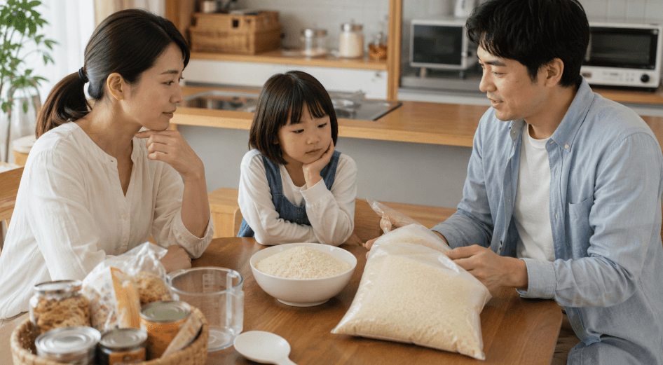 米袋と保存食を前に、家族で家庭に必要な米の備蓄量を話し合っている様子
