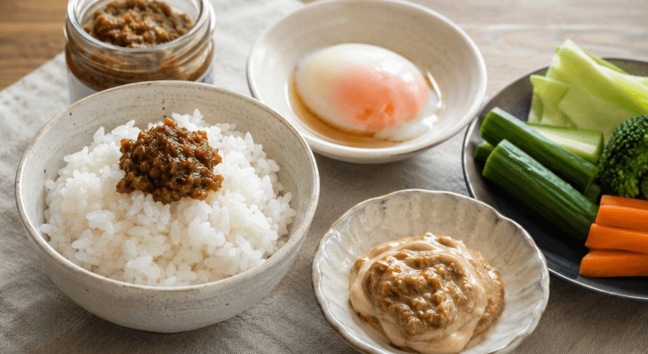 ふきのとう味噌を白いご飯や温泉卵、マヨネーズ、野菜と合わせた食べ方
